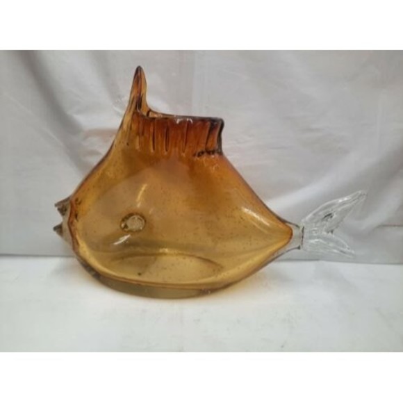 Large Crystal Art Glass Hand Blown Clear Fish Sea Ocean Beach Vase Bowl Amber 11 - Picture 2 of 9